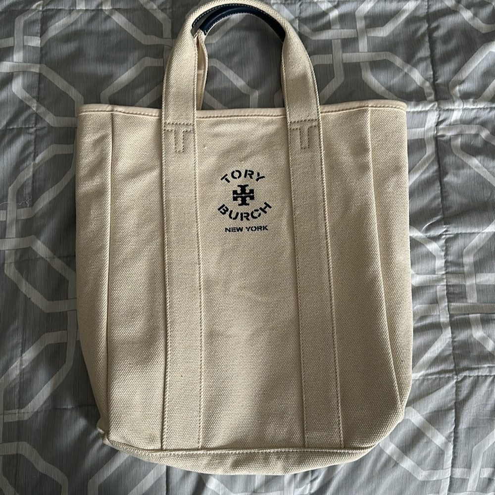 Tory Burch canvas tote -never used -navy blue logo and handle trim